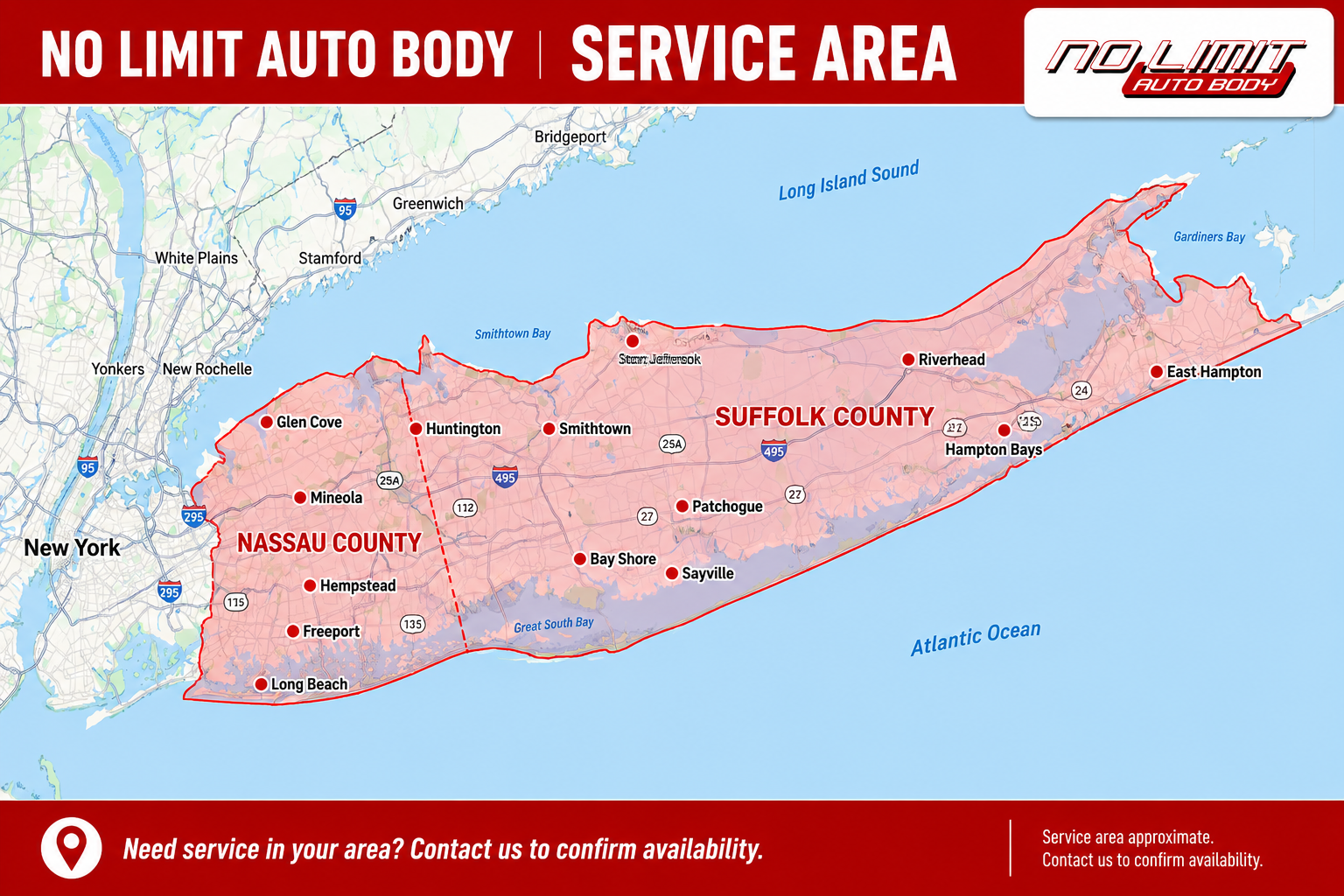 Map of No Limit Auto Body's service area covering Nassau and Suffolk County on Long Island, New York